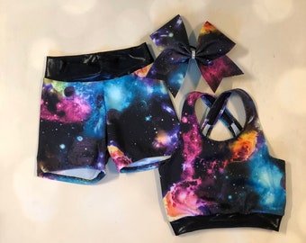 The "Aurora" X Back Sports Bra, Spandex Shorts, and optional Matching Cheer Bow / gymnastics shorts / Girls Dance Wear / Space Outfit