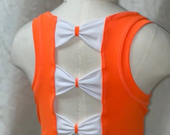 The "Oransje" Bow Racer Back Neon Orange and White Sports Bra, Spandex Shorts, and Optional Cheer Sized Bow or Scrunchie / Toddler Dancewear