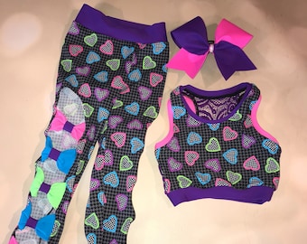 Ready to Ship Girls Small Neon Lace Back sports bra, Bow Legging, and matching shorts included / Practice Wear / Cheer Bow / Girls Dancewear