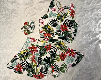Prêt à expédier Girls XLarge - (14) The « Islander » Girls Dancewear X back sports soutien-gorge, jupe et scrunchie ensemble / jupe / ensemble de joie