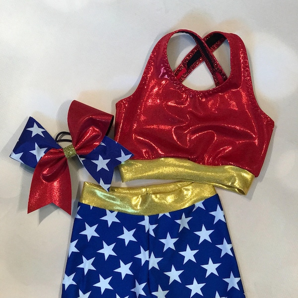 The "Super Hero" Sports Bra, Star Shorts, and optional matching Cheer Bow / Girls Dancewear / Practice Outfit / Star Cheer Bow