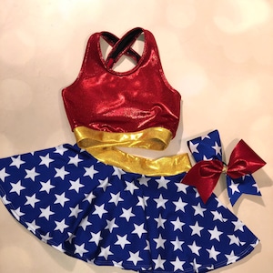 The "Warrior" Girls Dancewear sports bra, skirt, and optional cheer bow or scrunchie set by AMP't / super hero outfit / star skirt