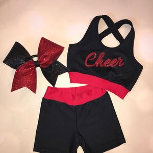 The &quot;Lynsey&quot; Girls Dancewear sports bra, shorts, and optional matching cheer bow customizable personalized matching cheer set dance outfit