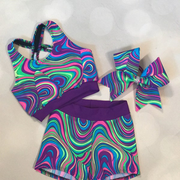 The "Amber" Girls Dancewear Neon Purple Tie Dye Swirl x back sports bra, Spandex Shorts, and Optional Matching Cheer Bow / Dance Costume