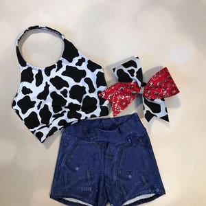 The &quot;Cassidy&quot; Sports Bra, Spandex Short, optional Matching Cheer Bow / Cute as Country / denim look spandex / Halloween practice costume