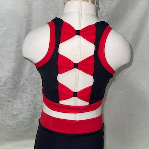 The &quot;Rød&quot; Red Bow Racer Back sports bra, Spandex Shorts, and Optional Matching Cheer Scrunchie / Practice Wear / Cheer Bra / Girls Dancewear