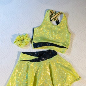 The &quot;Neon&quot; Girls Dancewear sports bra, cheer skirt skort, and optional cheer bow or scrunchie set by AMP&#39;t / tennis skirt