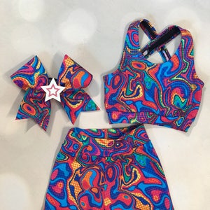 The &quot;Intensity&quot; Glow in the Dark Girls Dancewear Tie Dye Swirl x back sports bra, Spandex Shorts, and Optional Cheer Bow set Dance Costume
