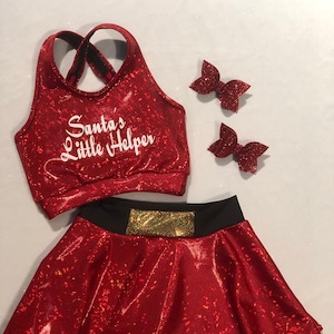 Santa&#39;s Little Helper Sports Bra, Skirt /skort,and optional Santa Hat Cheer Bow /matching mini bow set /girls dancewear / Christmas practice