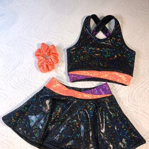 The "Shimmer" Girls Dancewear sports bra, cheer skirt skort, and optional cheer bow or scrunchie set by AMP't / tennis skirt / Purple Orange