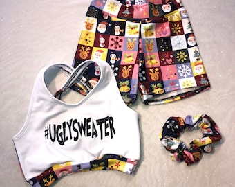 Le soutien-gorge de sport "Ugly Sweater", le short en spandex et le chouchou en option / l'ensemble de joie / les vêtements de danse pour filles / la pratique de Noël