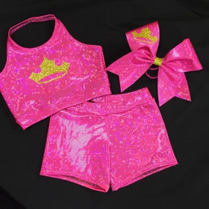 The "Cheer Beauty" Princess Crop Top, Spandex Shorts, and optionl Matching Bow Cheer Set girls dancewear / Princess Sports Bra / Purple Bow
