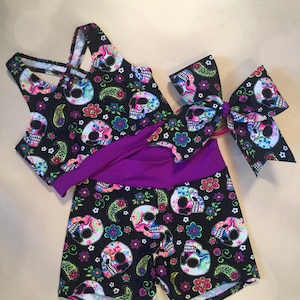 The &quot;Serafina&quot; Neon Sugar Skull sports bra, Spandex Shorts, and optional matching Cheer Bow / Girls Dancewear / Practice Outfit