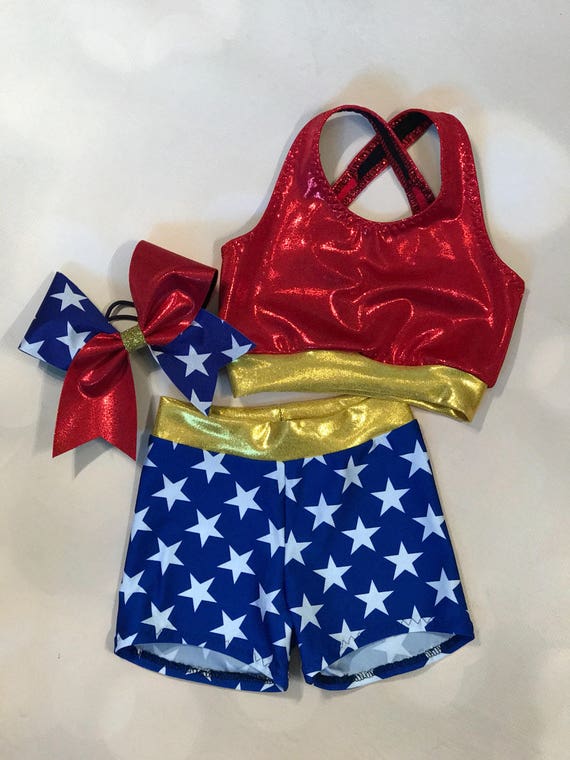 The super Hero Sports Bra, Star Shorts, and Optional Matching Cheer Bow /  Girls Dancewear / Practice Outfit / Star Cheer Bow -  Canada