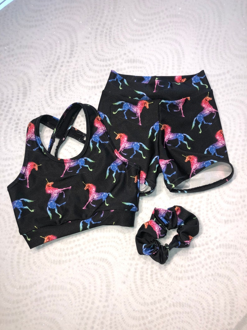 Spandex Shorts and option Cheer Bow or Scrunchie Girls Dancewear Practice Rainbow Unicorn Print on Black XBack Sports Bra