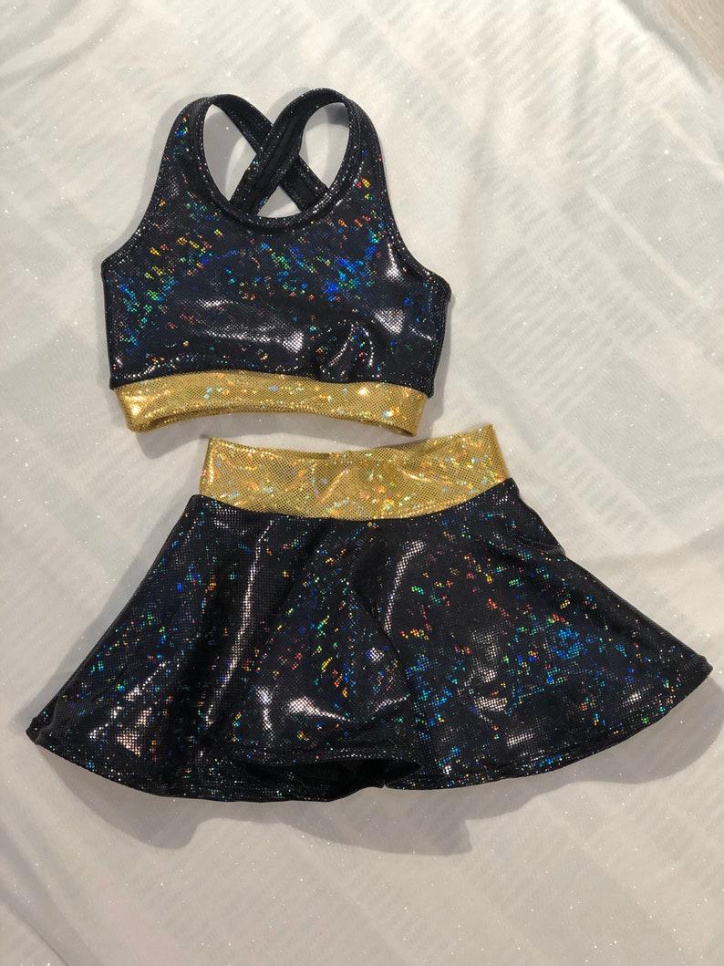 The Hologram Girls Dancewear sports bra and optional cheer rhinestoned scrunchie set by AMP/'t skirt