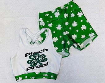 The "Pinch Proof" Clover Sports Bra, Spandex Shorts, optional Matching Cheer Bow set / girls dancewear / St. Patrick's Day