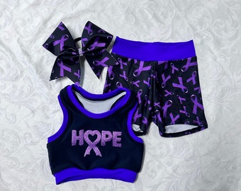 The Purple "HOPE" Cancer Awareness Sports Bra, Spandex Shorts, and optional Matching Cheer Bow / Girls Dancewear / Pink, Purple, Yellow