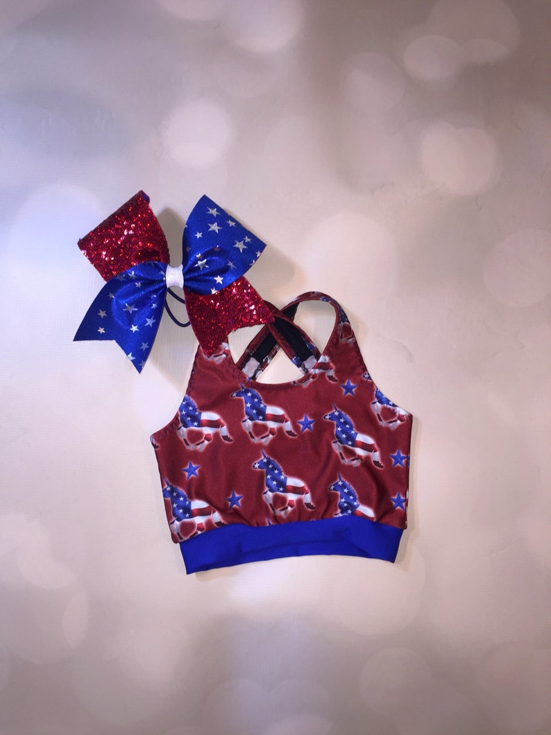spandex shorts with optional matching Cheer Bow 4th of July red white and blue Dancewear The Patriotic Unicorn crop top sport bra