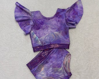 The "Millie" Purple Holographic Girls Flutter Sleeve V-Back Brief Dancewear / Pageant Wear / Stage Outfit / Dance Convention