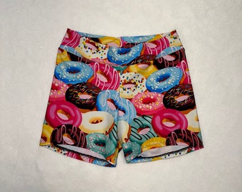 Ready to Ship / Girls XLarge / spandex shorts / girls dancewear / cheer shorts / Donuts / fun print / volleyball shorts / Pink Print