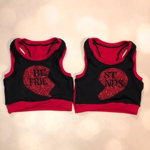Best Friends Red on Black Heart Girls Dancewear Crop Top sports bra set and optional Matching Cheer Bow and Spandex Shorts Dance Wear