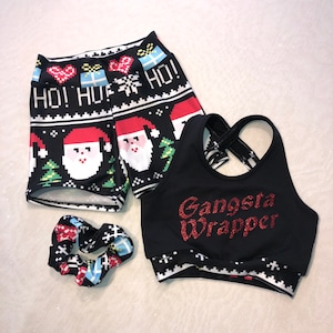 The &quot;Gangsta Wrapper&quot; Ugly Sweater Sports Bra, Spandex Shorts and optional scrunchie / red mini cheer bow set / girls dancewear / Christmas