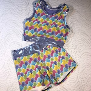 Ready to ship girls large mesh back marshmallow outfits sports bra shorts girls dancewear cheer outfit