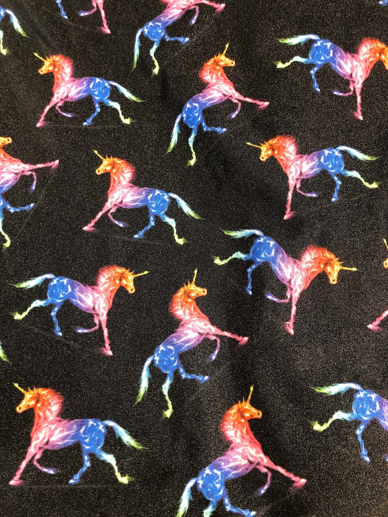 Spandex Shorts and option Cheer Bow or Scrunchie Girls Dancewear Practice Rainbow Unicorn Print on Black XBack Sports Bra