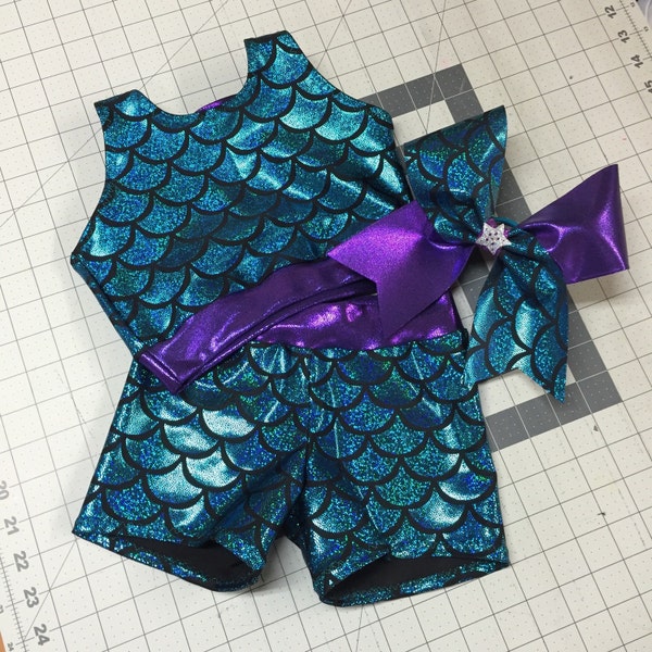 The "Jewel" Mermaid Crop Top sports bra, Shorts, and optional matching Bow 3 Piece Cheer or dance outfit GIRLS DANCEWEAR