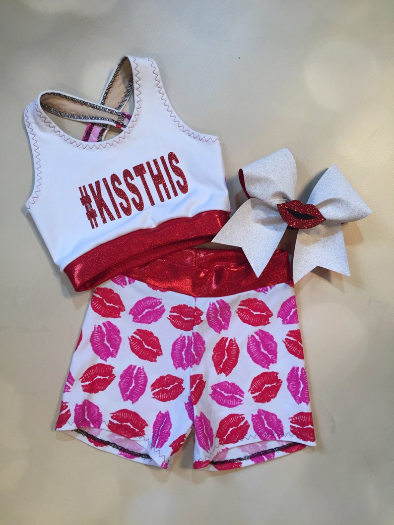 and optional Matching Cheer Bow Red Lips Pink Lipstick spandex shorts The Bianca Girls Dancewear Kisses Crop Top sports bra