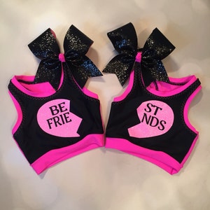 Best Friends Neon Pink Heart on Black Girls Dancewear Crop Top sports bra set and optional Matching Cheer Bow and Spandex Shorts Dance Wear