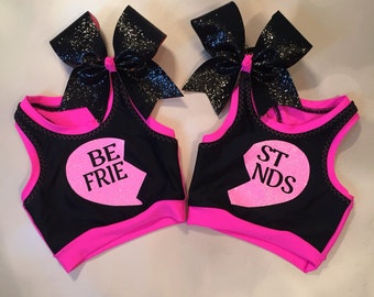 Best Friends Neon Pink Heart on Black Girls Dancewear Crop Top sports bra set and optional Matching Cheer Bow and Spandex Shorts Dance Wear