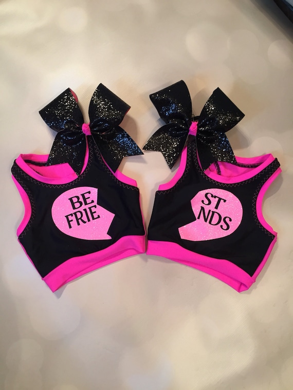 Best Friends Neon Pink Heart on Black Girls Dancewear Crop Top Sports Bra  Set and Optional Matching Cheer Bow and Spandex Shorts Dance Wear 