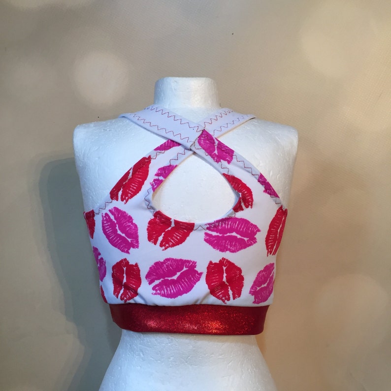 and optional Matching Cheer Bow Red Lips Pink Lipstick spandex shorts The Bianca Girls Dancewear Kisses Crop Top sports bra