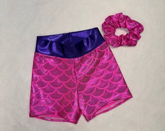 Ready to Ship / Girls Small / spandex shorts and scrunchie / girls dancewear / cheer shorts / Mermaid print / volleyball shorts / Pink Print