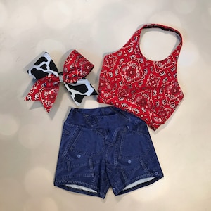 The &quot;Bailey&quot; sports bra, Spandex Short, optional Matching Cheer Bow / Cute as Country / denim look spandex / Girls Dancewear