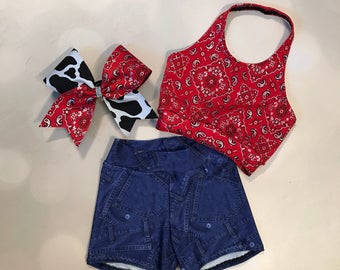 The &quot;Bailey&quot; sports bra, Spandex Short, optional Matching Cheer Bow / Cute as Country / denim look spandex / Girls Dancewear