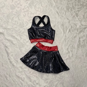 The &quot;Riley&quot; Girls Dancewear sports bra, skirt, and optional cheer rhinestoned scrunchie  set by AMP&#39;t / Skort / tennis skirt