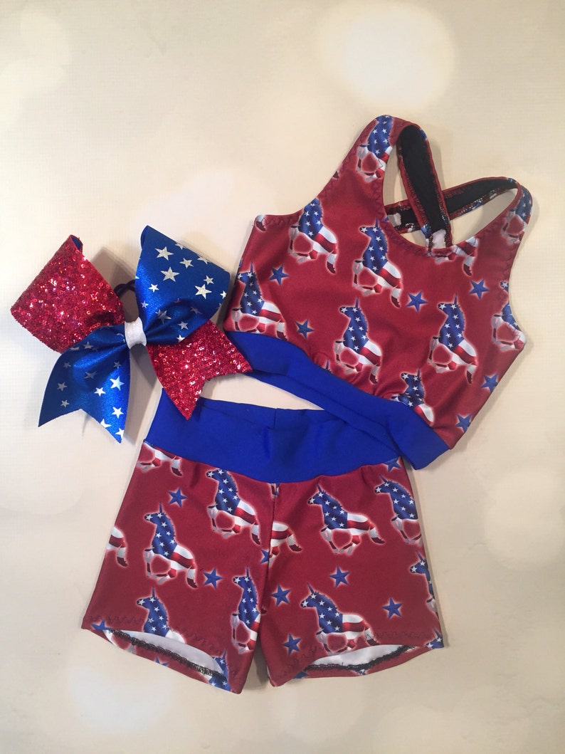 spandex shorts with optional matching Cheer Bow 4th of July red white and blue Dancewear The Patriotic Unicorn crop top sport bra