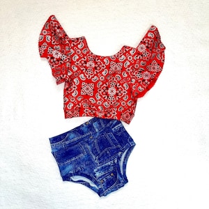 The &quot;Gwen&quot; Boutique Dancewear / Pageant / Dance Outfit / Practicewear / Dance Costume / Paisley Print / Western / Cowgirl / Denim Look Dance