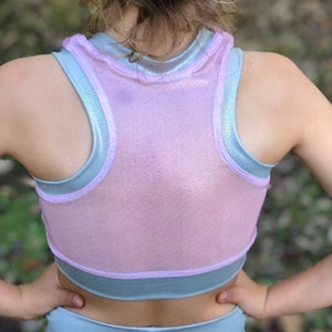 The &quot;Finley&quot; Pink Mesh Back sport bra, spandex shorts with optional matching Cheer Bow or Scrunchie set / girls dance costume / pink October