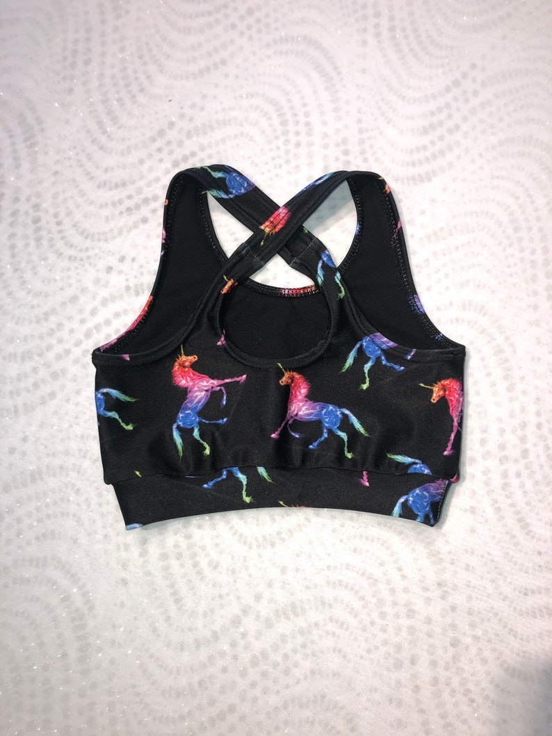Spandex Shorts and option Cheer Bow or Scrunchie Girls Dancewear Practice Rainbow Unicorn Print on Black XBack Sports Bra