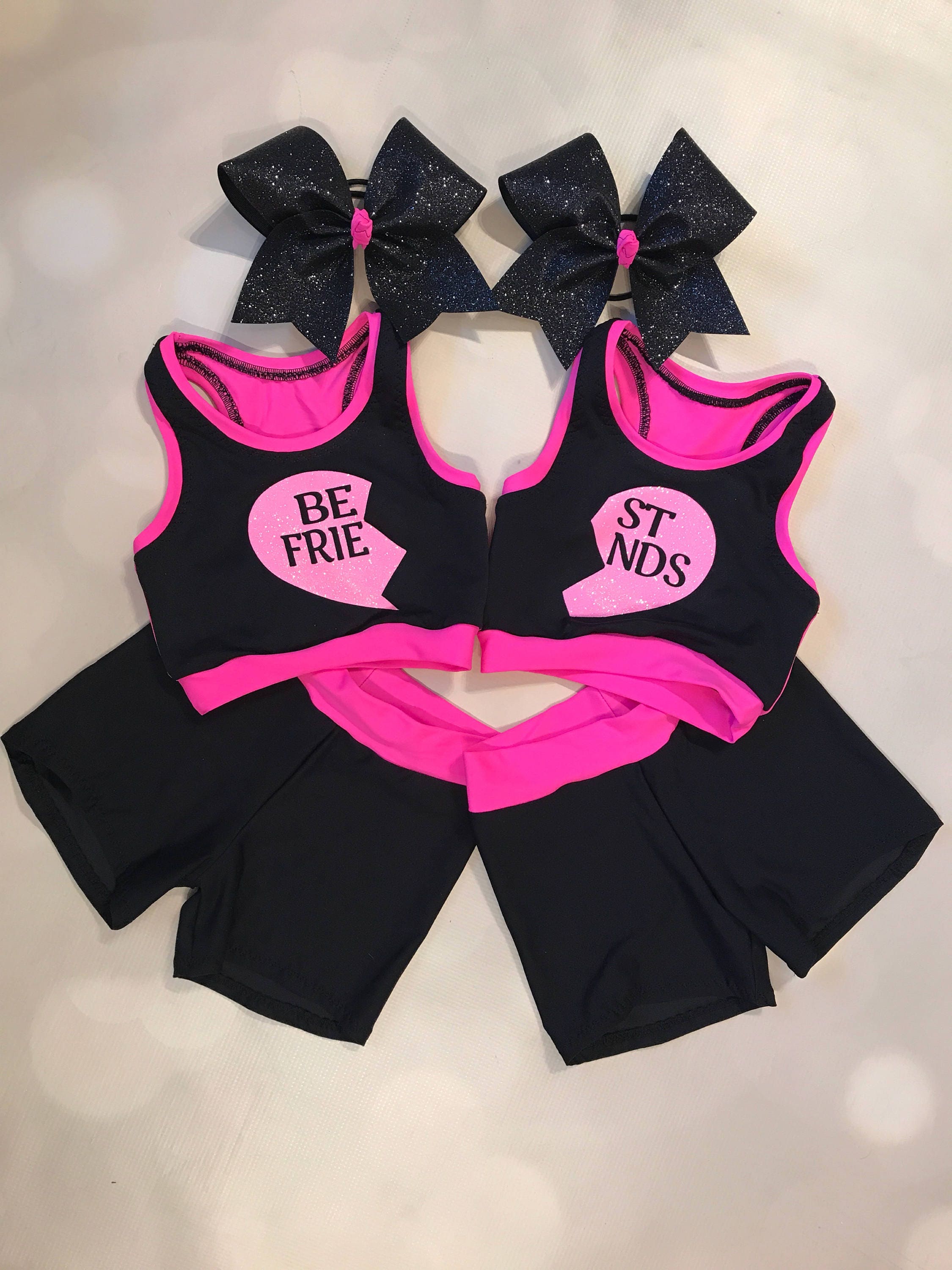 Best Friends Neon Pink Heart on Black Girls Dancewear Crop Top Sports Bra  Set and Optional Matching Cheer Bow and Spandex Shorts Dance Wear 