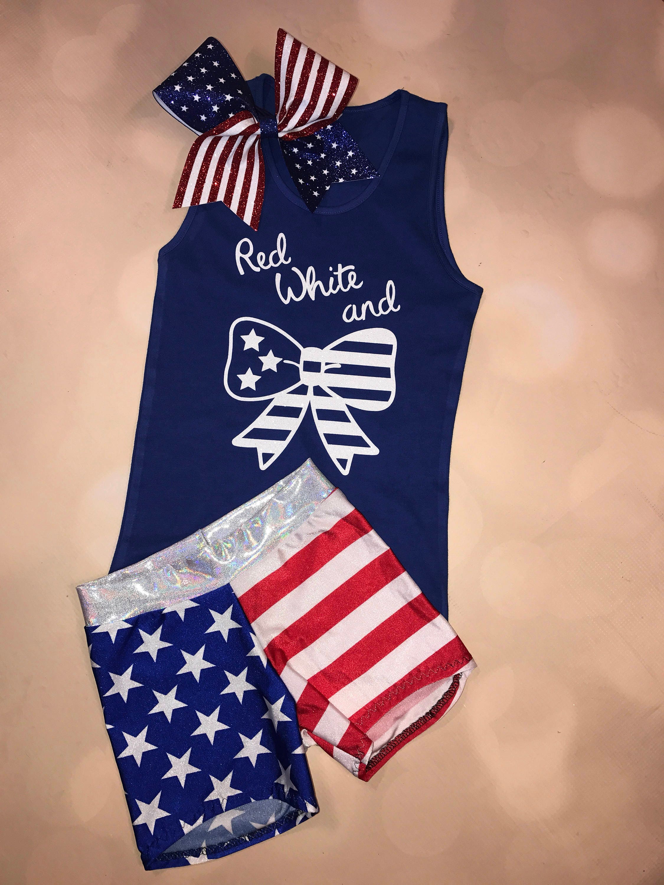 Red White and Bow Tank Top With Optional Flag Cheer Bow