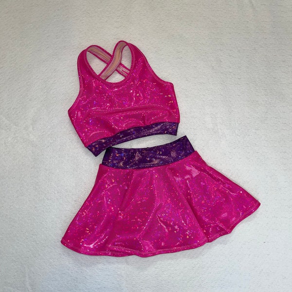 The "Roze" Girls Dancewear sports bra, skirt, and optional cheer rhinestoned scrunchie  set by AMP't / Skort / tennis skirt /