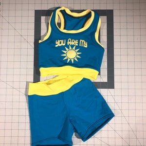 Ready to Ship Girls Small 6/7 sunshine Sports Bra and Shorts by AMP&#39;t Activewear Girls Dancwear / Cheer Sports Bra / you are my