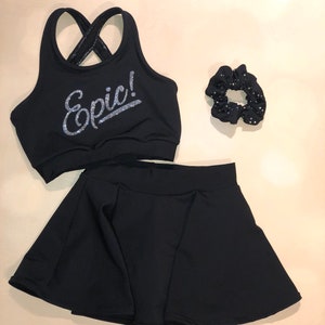 The &quot;Epic&quot; Personalizable / Customizable Girls Dancewear sports bra, skirt, and optional cheer rhinestoned scrunchie set by AMP&#39;t Activewear