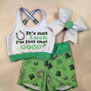 The &quot;LUCK&quot; Crop Top sports bra, spandex shamrock shorts, and optional Matching Cheer Bow set / St. Patrick&#39;s Day Sports Bra