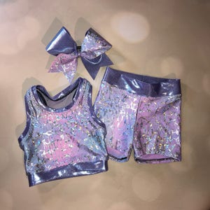 The &quot;Faye&quot; Lavender Mesh Back Pastel sport bra, spandex shorts with optional matching Cheer Bow set / shorts / girls dance costume